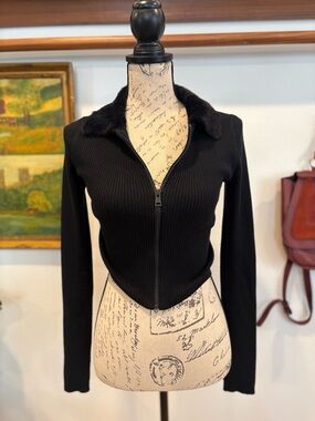 American Eagle Outfitters Black Ribbed Zip Jacket with Faux-Fur Collar